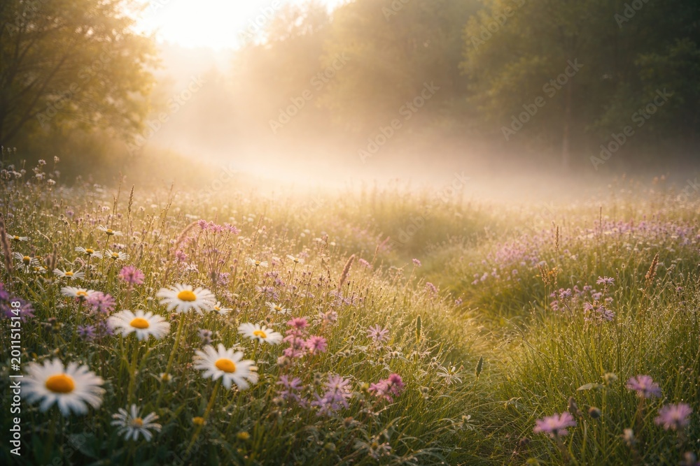 Obraz premium Calm and quiet nature view showcasing soft sunlight on misty grass and blooming flowers