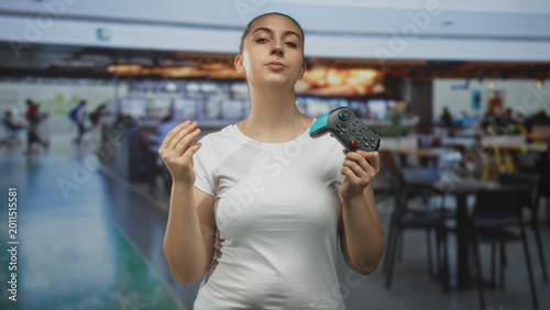 Foto Woman holding gamepad pinches fingers toward camera and grips a turquoise black controller in an airport terminal food court, white tshirt visible; confidence playfulness