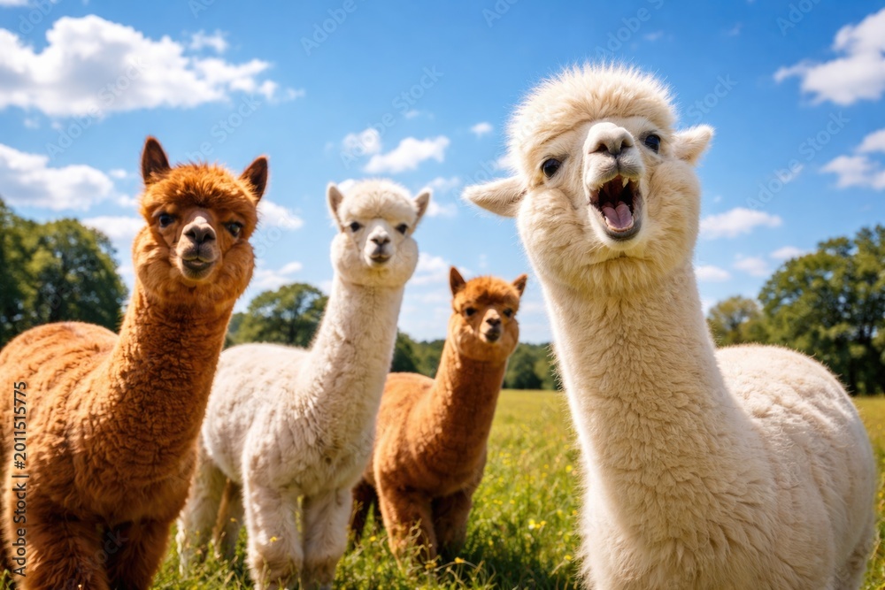 Fototapeta premium Alpacas in a lively mood beneath a pristine blue sky