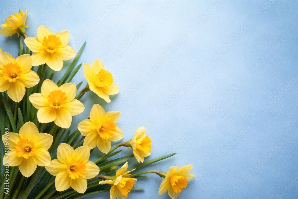 Obraz premium Cheerful yellow daffodils displayed on a calm blue background including space for text