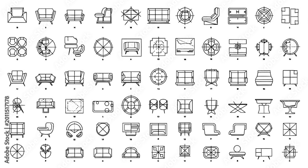 Obraz premium collection of minimalist line art furniture icons and architectural symbols for interior design planning layouts.