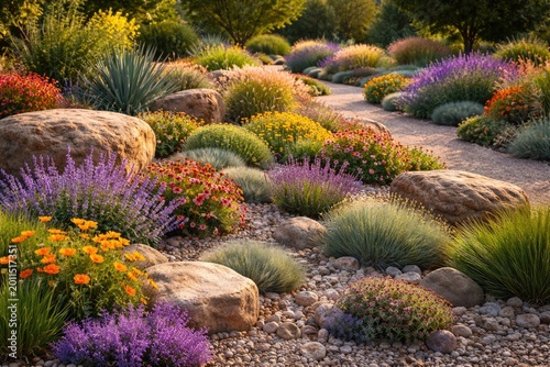 Flourishing xeriscape garden combining multicolored flowers and textured ornamental rocks