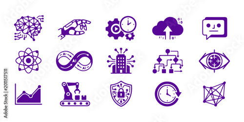 Artificial Intelligence and Machine Learning Icon Set - Purple Vector Illustrations for Data Science and Automation