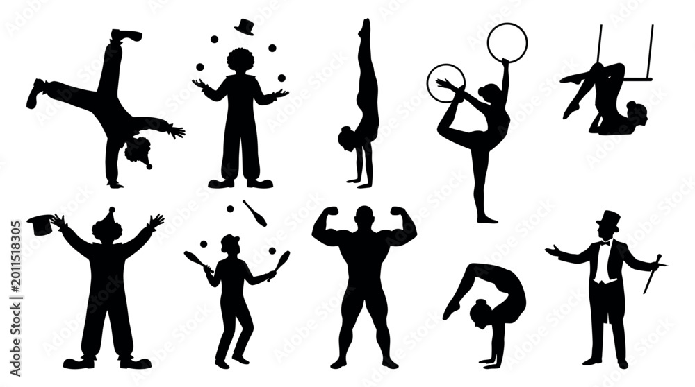 Fototapeta premium Collection of circus performers silhouettes featuring clowns jugglers acrobats and strongman on white background, illustrating carnival event promotion and provides show poster assets