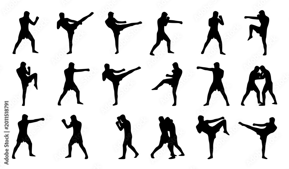 Fototapeta premium Muay Thai and kickboxing silhouette vector set with fighters in dynamic combat poses isolated on white