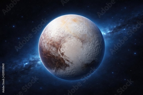 Pluto glowing softly with a blue ambient light