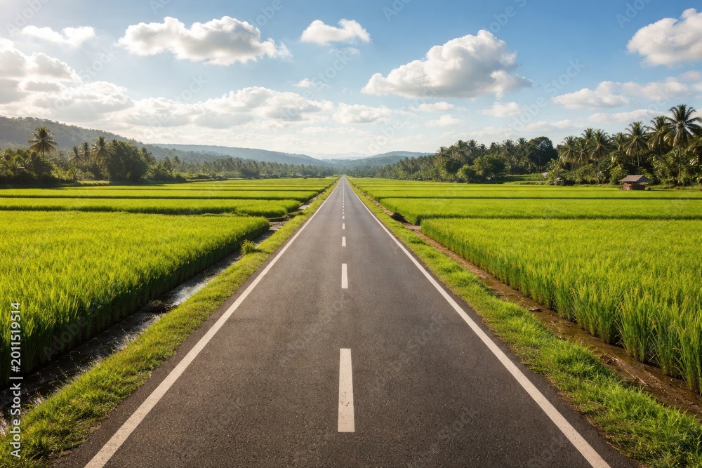 Naklejka premium Lush green rice fields flanking a straight roadway in a peaceful countryside scene with a clear sky and scattered clouds