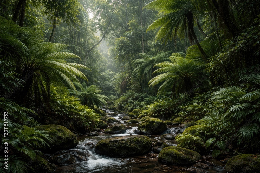Fototapeta premium Peaceful natural jungle terrain filled with rich green tree ferns and thick foliage