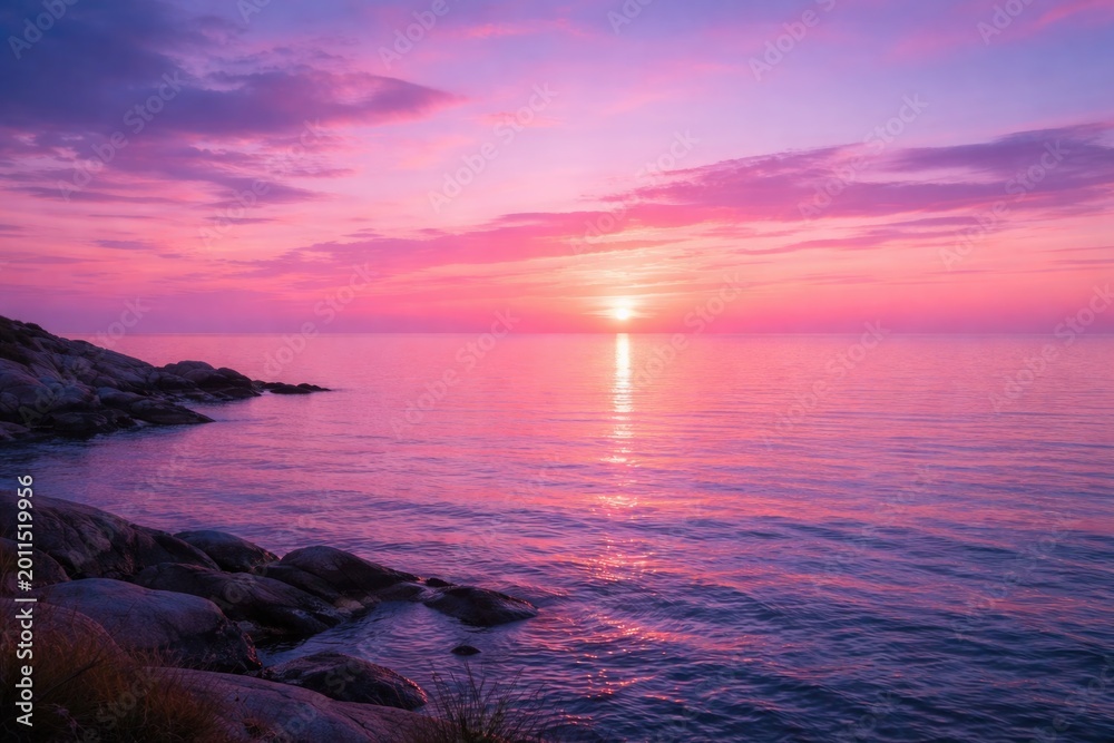 Naklejka premium Tranquil sea landscape at dusk with a glowing pink and purple horizon