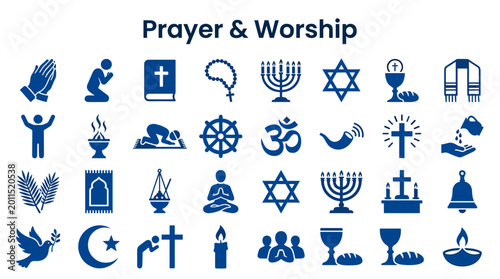 Billede på lærred Diverse religious symbols and icons representing prayer worship and spirituality