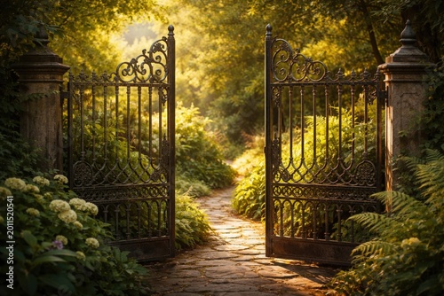 Detailed wrought iron gate half open revealing dense garden greenery under mellow golden sunlight copy space
