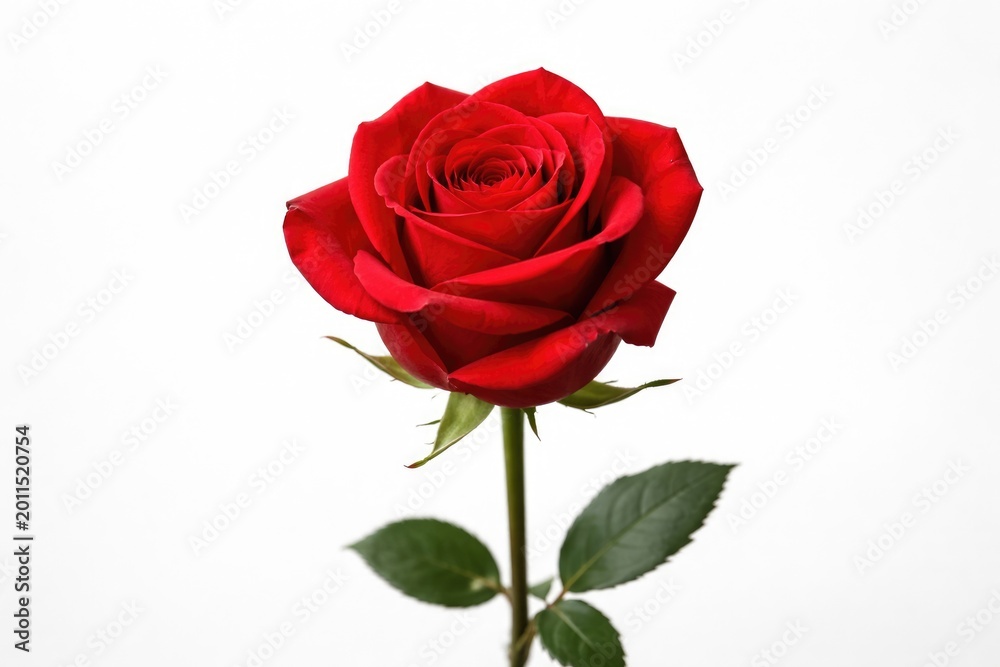 Fototapeta premium Solitary red rose with detailed petals on a pristine white background under soft studio lighting