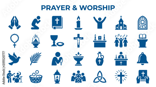 Foto Collection of Christian religious icons and symbols representing prayer worship