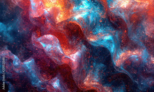 Vibrant Abstract Cosmic Waves Featuring Flowing Liquid Particles In Electric Blue And Warm Orange Fusion
