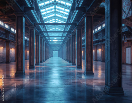Symmetrical Industrial Warehouse Interior Featuring Towering Pillars and Dramatic Skylight Illumination Symbolizing Modern Architectural Design Efficiency
