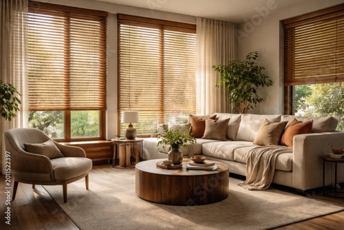 View of contemporary living room interior emphasizing wooden blind covered window with soft natural light streaming