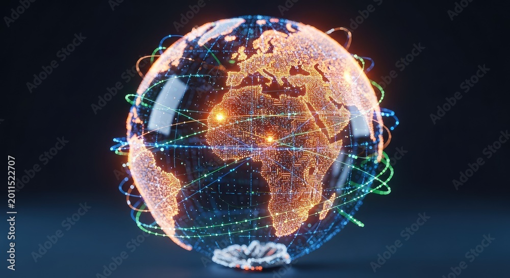 Fototapeta premium A dynamic digital globe pulses with vibrant orange energy and glowing data streams, illustrating high-tech global connectivity and progress, web, flow, orange