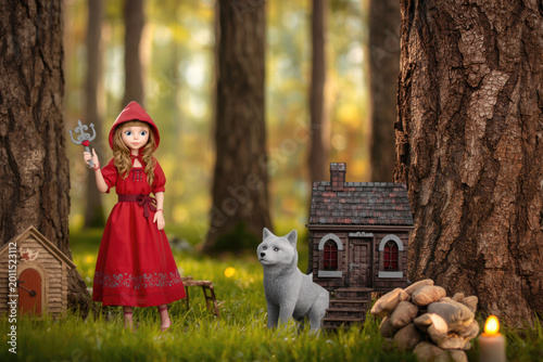 Whimsical Fairy Tale Scene Featuring a Little Red Riding Hood Doll and Friendly Wolf