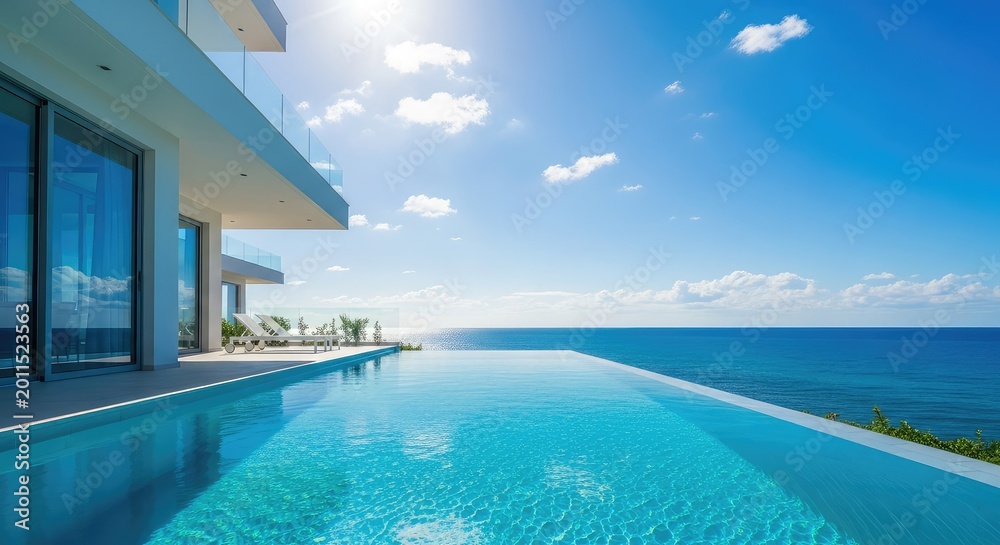 Fototapeta premium A modern luxury villa features a crystal clear infinity pool that blends seamlessly into the vast blue ocean under a bright sunny sky, sunny, serene, peaceful