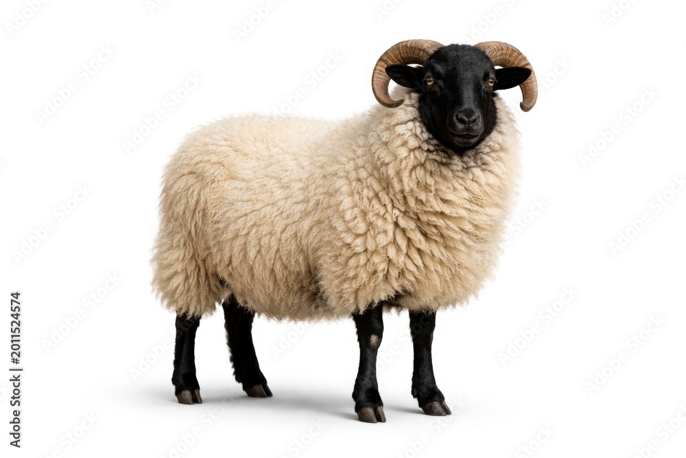 Fototapeta premium Black faced Welsh breed sheep captured on a clean white photographic background