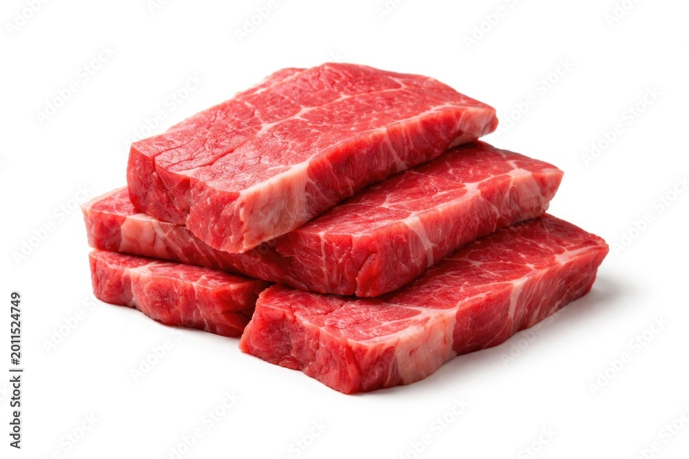 Obraz premium Fresh uncooked meat slices isolated on a stark white background