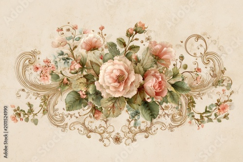 Intricate botanical scrollwork illustration featuring leaves, petals, and curling vines