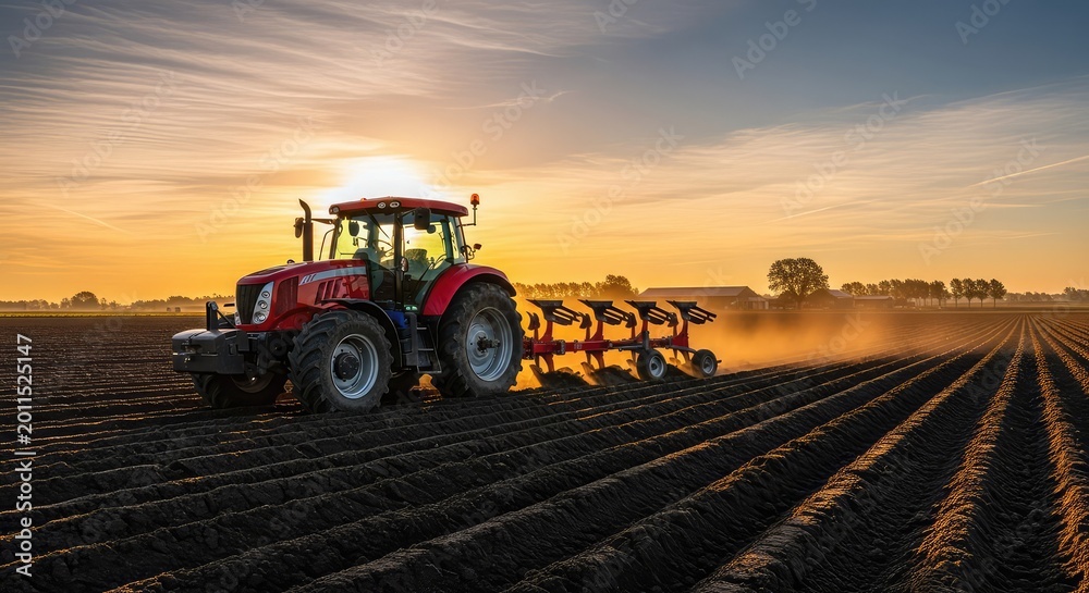 Fototapeta premium A vibrant red tractor cultivates the rich soil of a vast farm at sunrise, highlighting advanced agricultural technology and rural work, nature, technology, farm