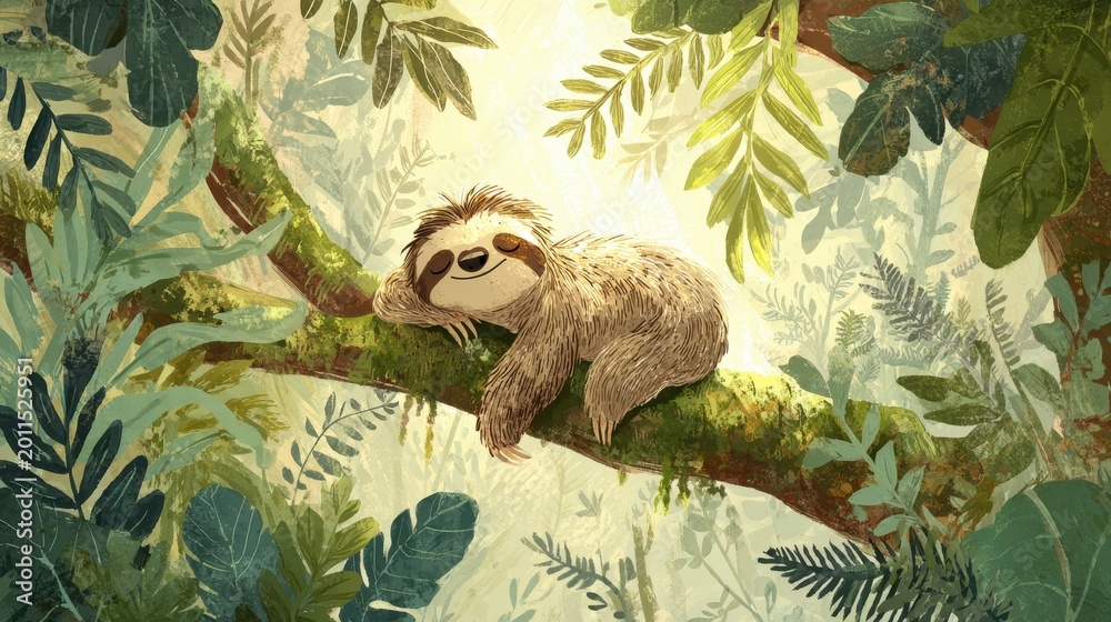 Fototapeta premium Calm lazy sloth lounging in a tropical canopy with soft watercolor textures