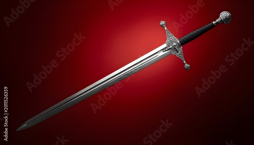 3D medieval longsword illustration with polished steel blade cruciform guard and black grip displayed on dramatic red background