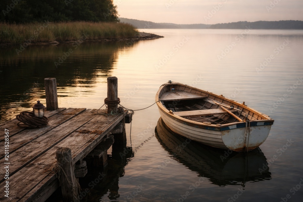 Obraz premium A quiet boat anchored on an aged dock along a placid waterside with copy space