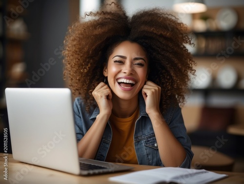 Excited woman winning online, getting new approved job opportunity