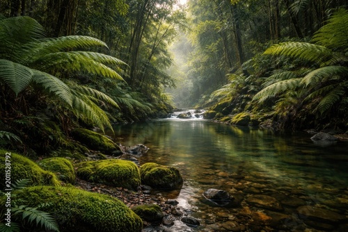 Vibrant rainforest scene of a calm river bordered by green ferns and soft moss