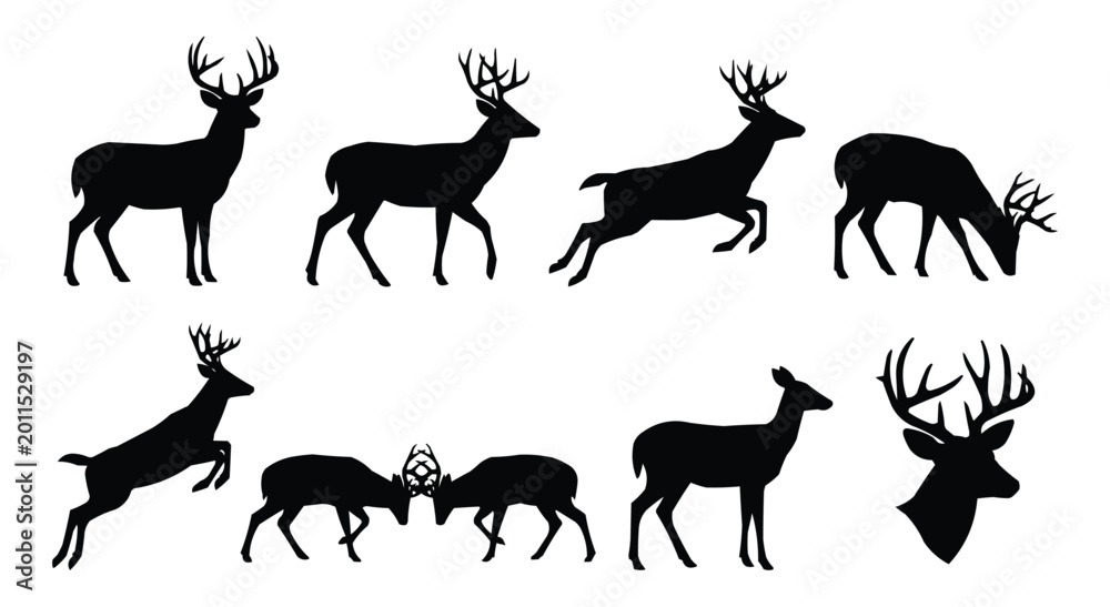Fototapeta premium Deer Silhouette Vector Set - Wild Stag and Doe Icons in Jumping, Grazing, and Fighting Poses