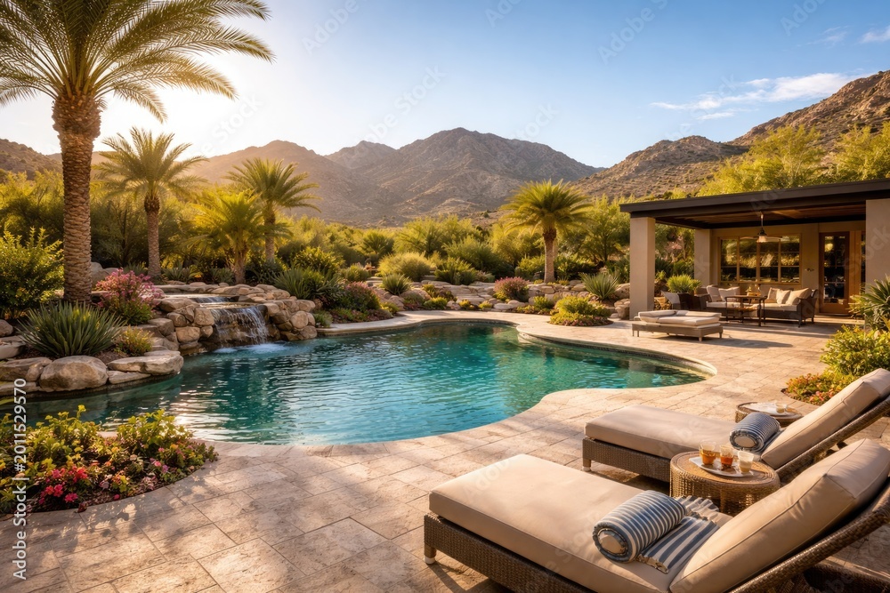 Fototapeta premium Spacious backyard in a desert environment with pebble tech pool and smooth travertine patio
