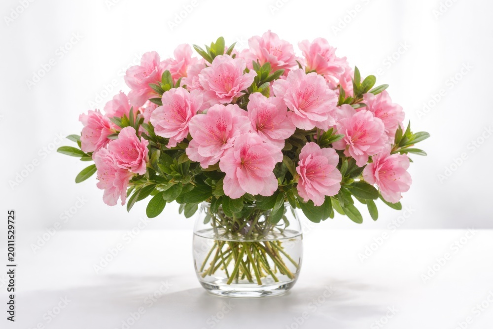 Obraz premium Pink azalea floral arrangement with green stalks isolated on a white surface