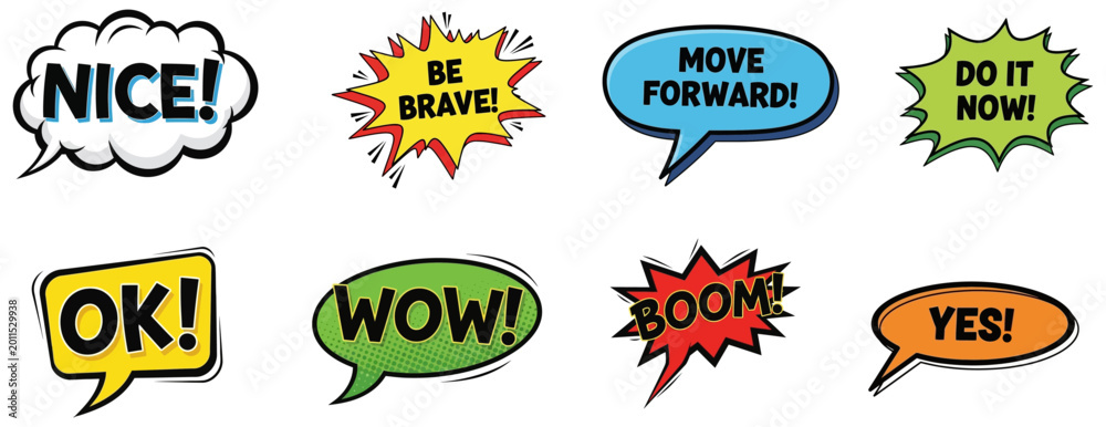 Naklejka premium Colorful comic book speech bubbles with motivational phrases