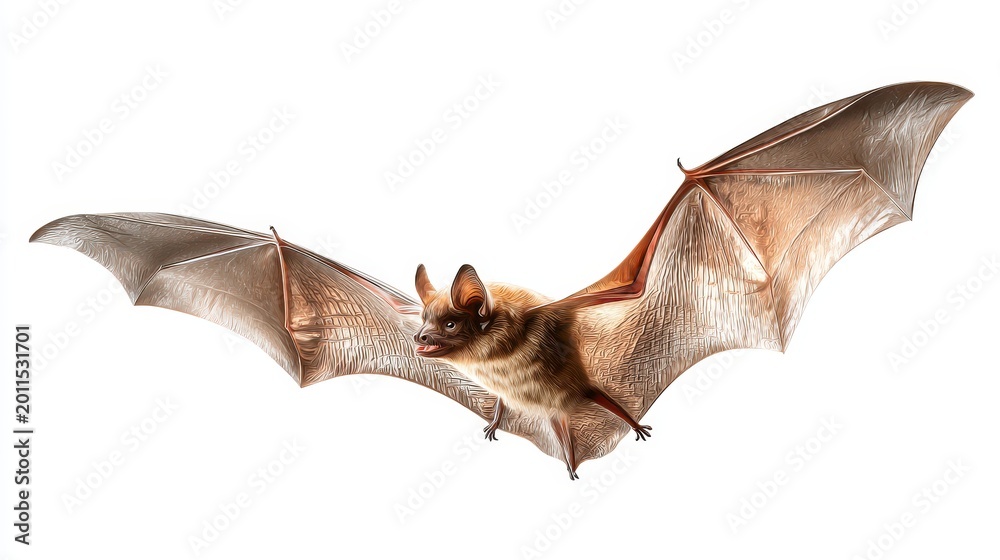 Obraz premium Action shot of brown bat flying isolated against white.