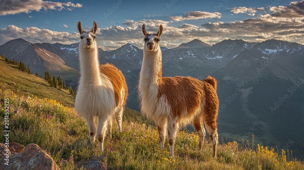 Fototapeta premium Cute llamas on a grassy ridge beneath a towering alpine range at golden hour