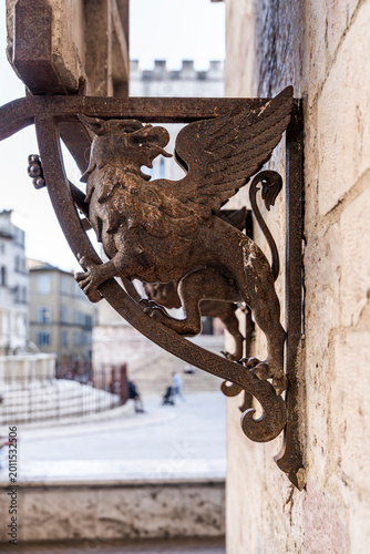 Iron griffin sculpture in the Loggia di Braccio Fortebracci, Piazza IV Novembre. The griffin is the heraldic symbol of Perugia. The loggia was built in the 15th century by Braccio Fortebracci da Monto