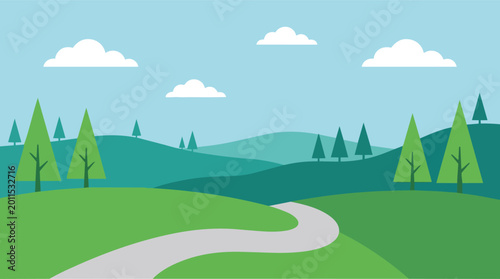 A serene landscape with a winding road through green hills and trees under a blue sky with clouds.