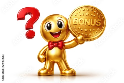 Shiny gold loyalty figure mascot displaying bonus coin against white backdrop with red question mark