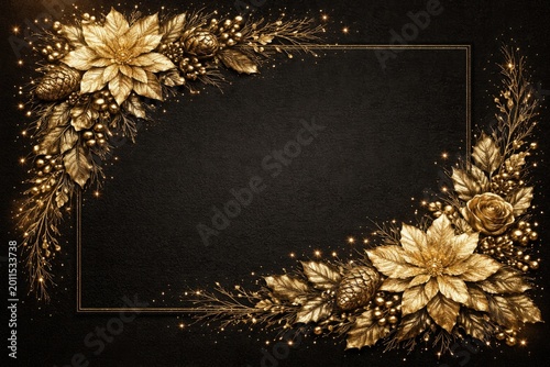 Holiday card featuring golden floral motifs and clear blank space for personalized text on black canvas
