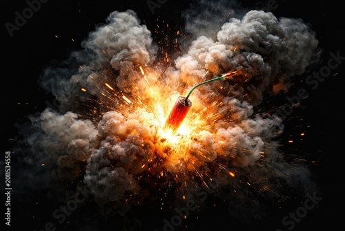 Powerful firecracker detonation emitting swirling smoke over intense black background