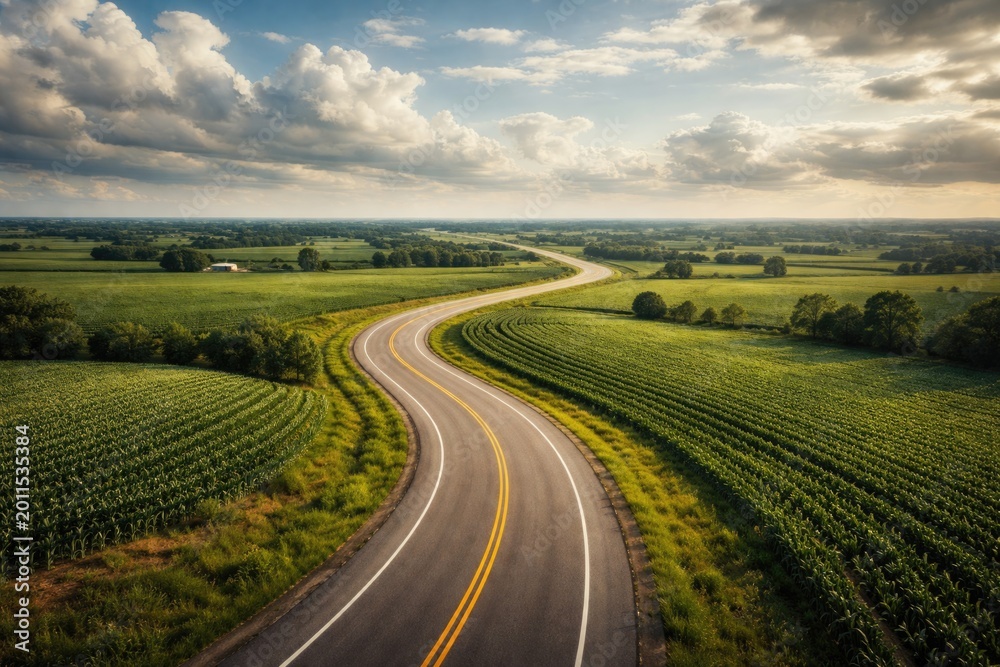 Naklejka premium Winding endless highway amid rich verdant farmland below a vast cloudy sky copy space
