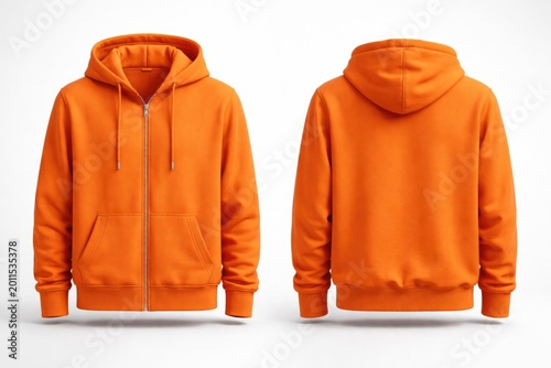 Orange zip up hoodie front and back presentation on minimalistic white background mockup template