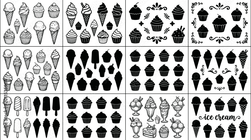 Fototapeta premium Black Silhouette Ice Cream and Cupcake Collection Set with Cone Popsicle Sundae and Muffin Icons for Sweet Dessert and Bakery Design