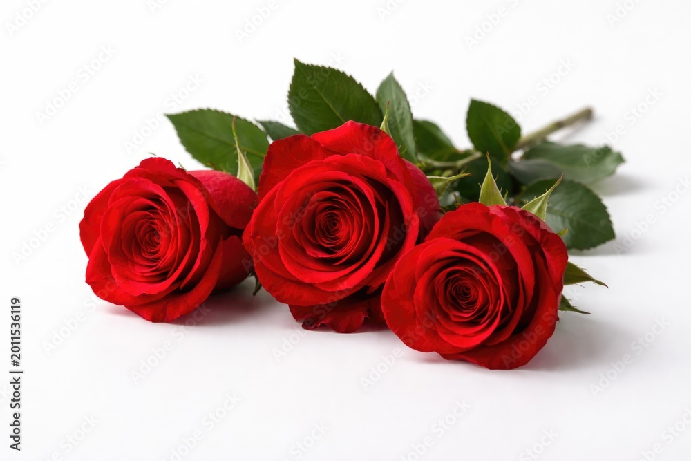 Fototapeta premium Three vibrant red roses positioned on a smooth white background