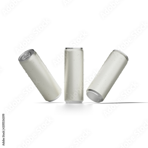 Obraz na plátně Several metallic soda cans with black labels and blue accents are displayed against a white background