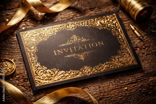 Gold foil card placed on rough wooden texture showcasing refined luxury for invitations