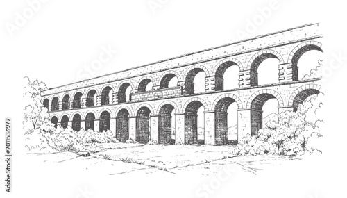 Bilde på lerret Ancient stone aqueduct with multiple arches and surrounding foliage architecture